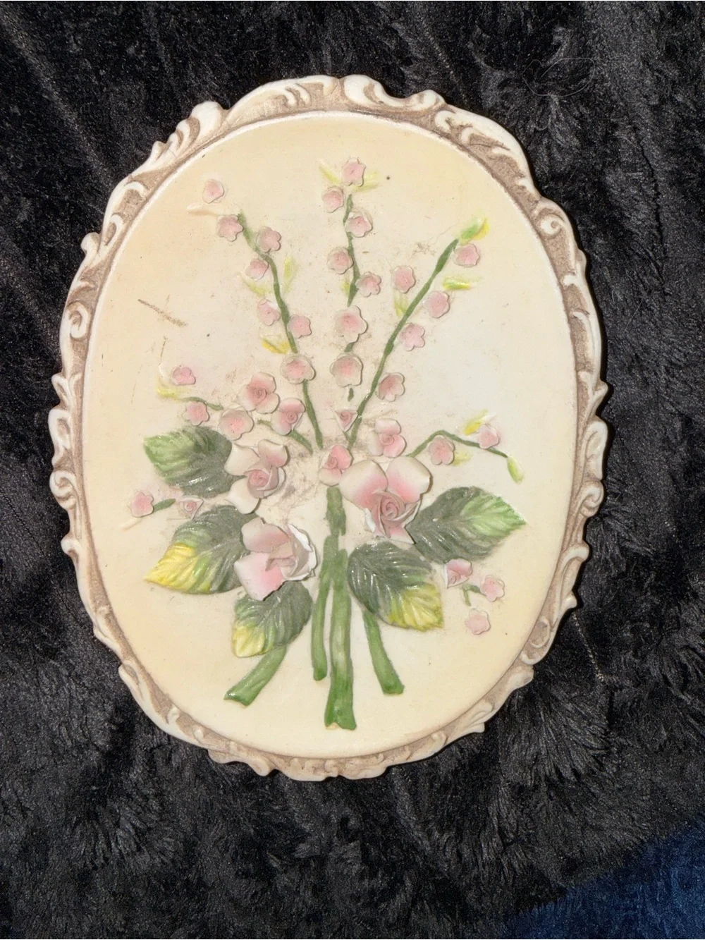Vintage Floral Relief Wall Plaque - Pink & Green Bouquet - Picture 2 of 4